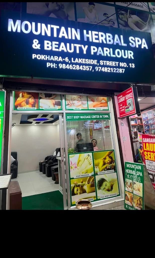 Mountain Herbal Spa storefront on Lakeside Street 13, Pokhara