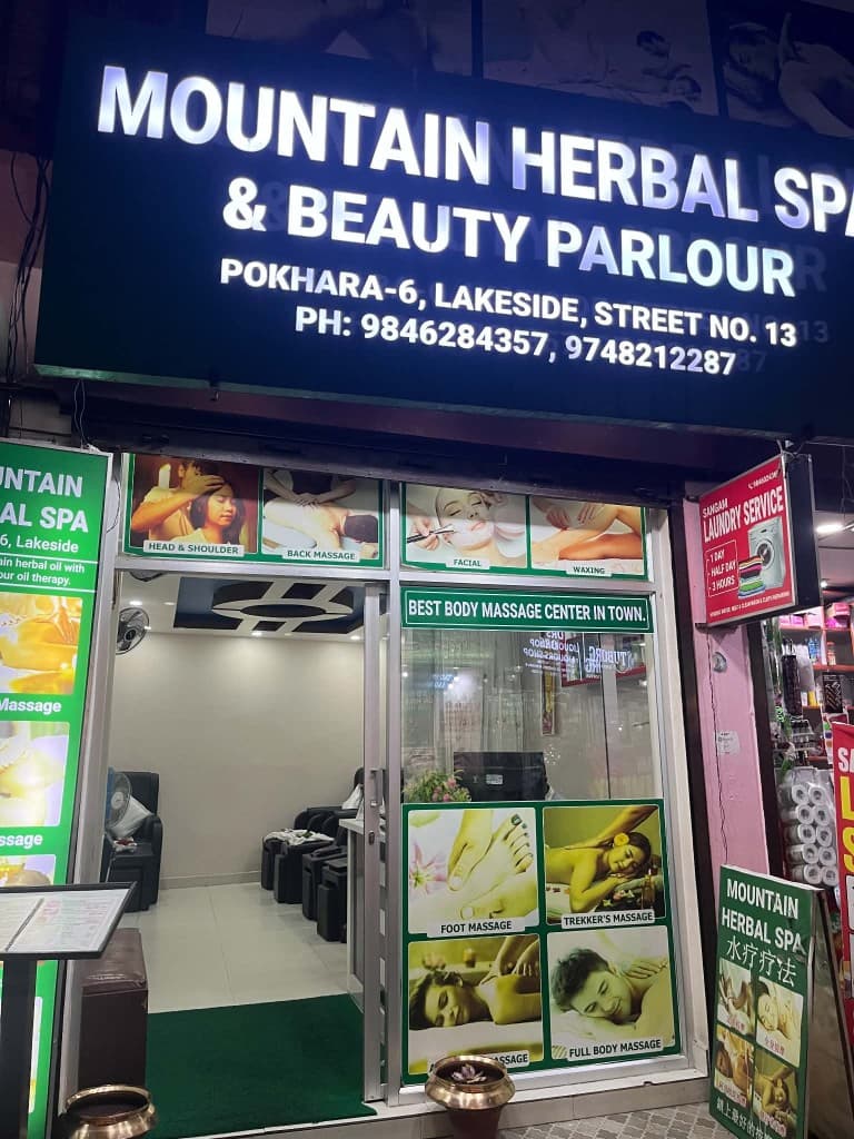 Mountain Herbal Spa illuminated at night